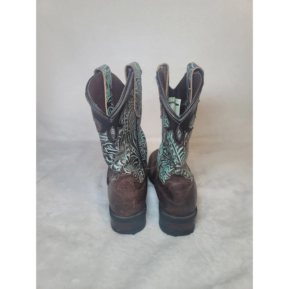 Roper Kids Western Cowboy Boots Size 1 Square Toe Farm Brown Leather Turquoise